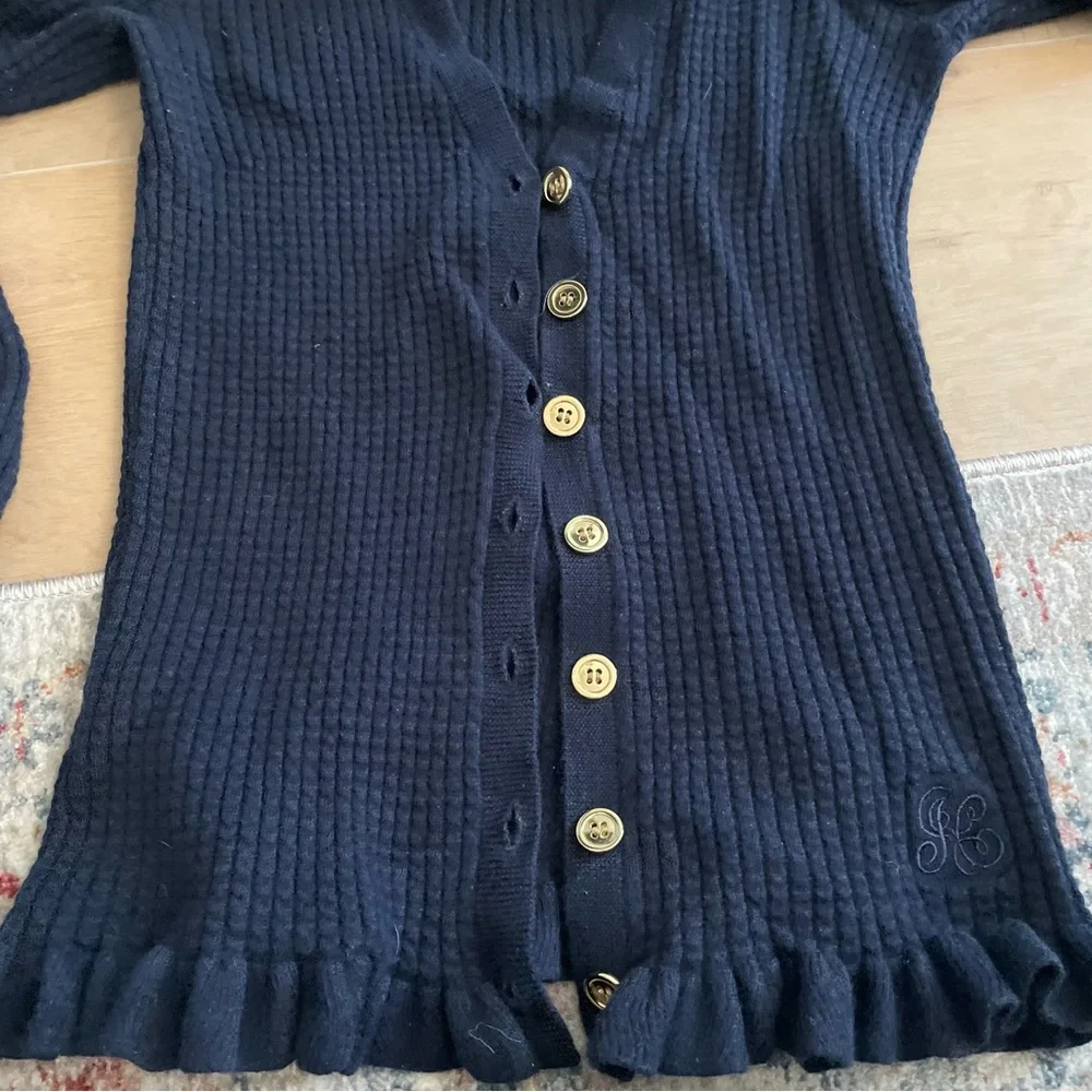 JUICY COUTURE Navy Ribbed Button-Up Cardigan with Ruffles - Picture 4 of 9